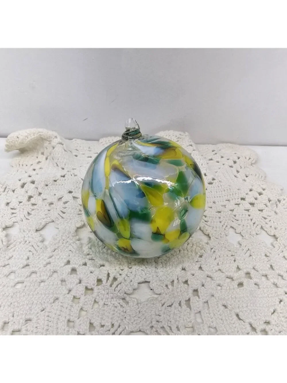 Huta Szkla Zorza Handmade Glass Christmas Ornament Poland Green Yellow White